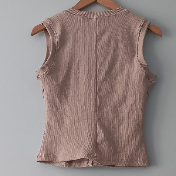House of Thread Ribbed Snap Button Cotton Tank Top Light Tan Sleeveless M - Picture 2 of 4